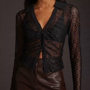 Anthropologie Black Lace Button-Up Top